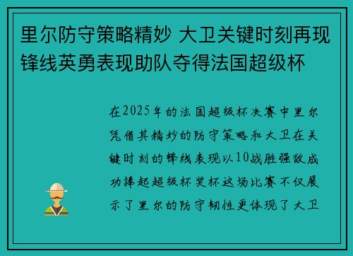 里尔防守策略精妙 大卫关键时刻再现锋线英勇表现助队夺得法国超级杯 里尔防守策略精妙 大卫关键时刻再现锋线英勇表现助队夺得法国超级杯